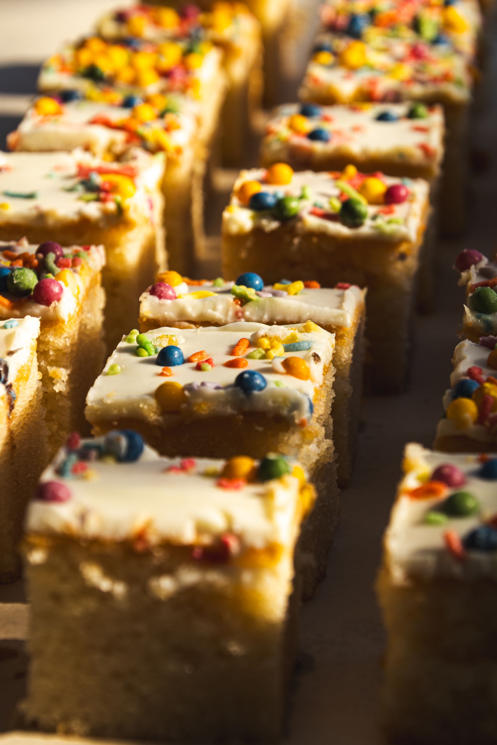 Close-up of vibrant sprinkle-topped cake squares in sunlight.